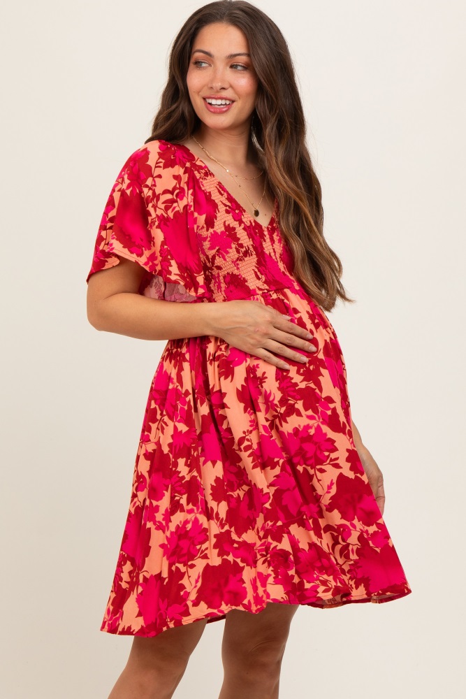 red leaf print smocked v-neck maternity dress