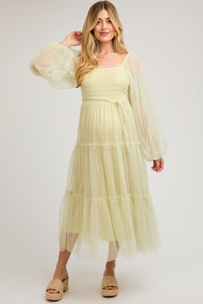 light olive mesh tiered long sleeve maternity maxi dress