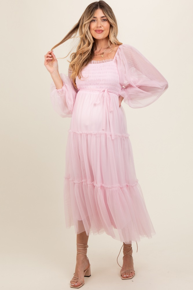 pink mesh tiered long sleeve maternity maxi dress