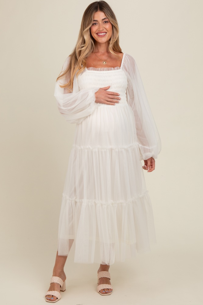 cream mesh tiered long sleeve maternity maxi dress