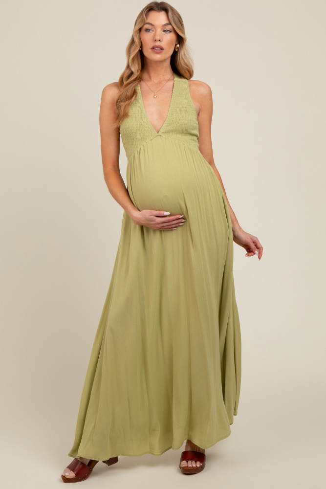 lime deep v-neck cross back maternity maxi dress