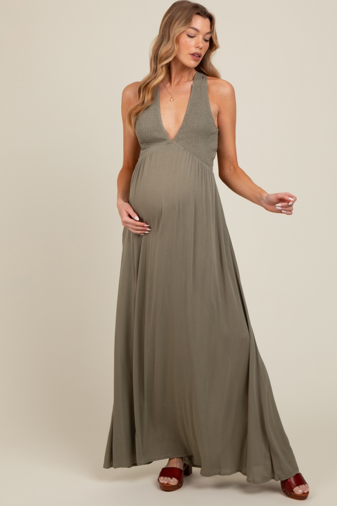 olive deep v-neck cross back maternity maxi dress