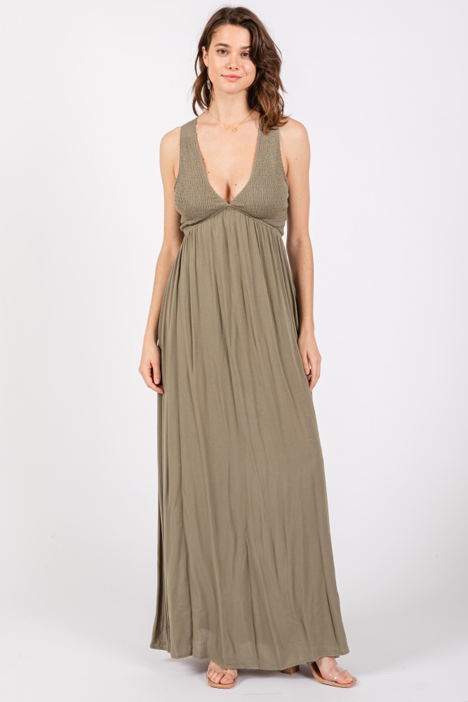 olive deep v-neck cross back maxi dress