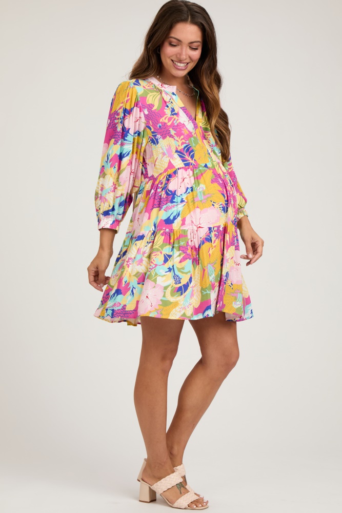 fuchsia multicolor floral 3/4 length sleeve maternity dress