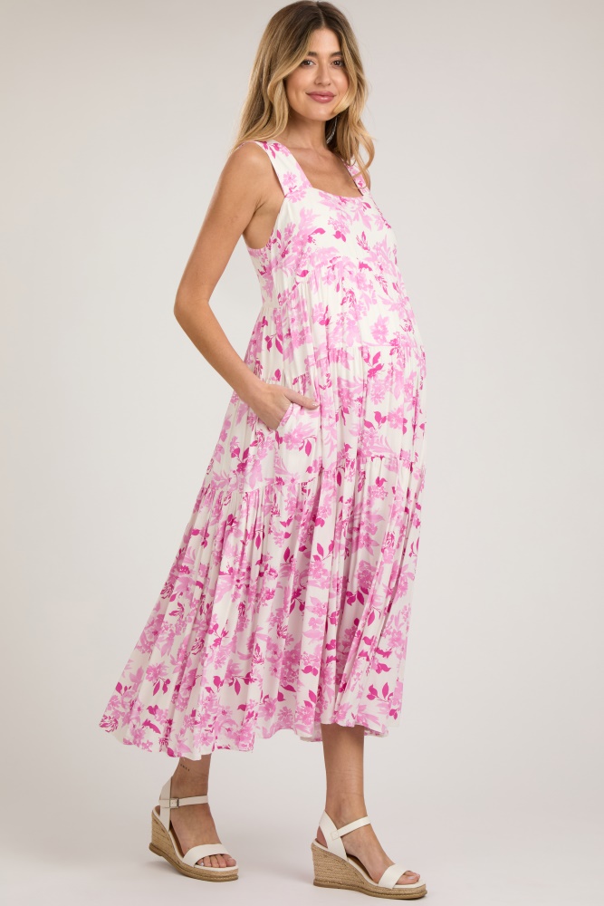 pink floral sleeveless tiered maternity maxi dress