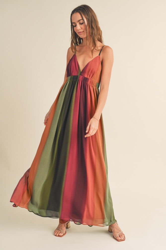 multi-color ombre chiffon v-neck maxi dress