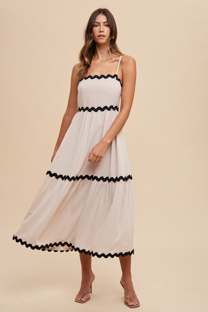 beige ric rac trim tiered midi dress