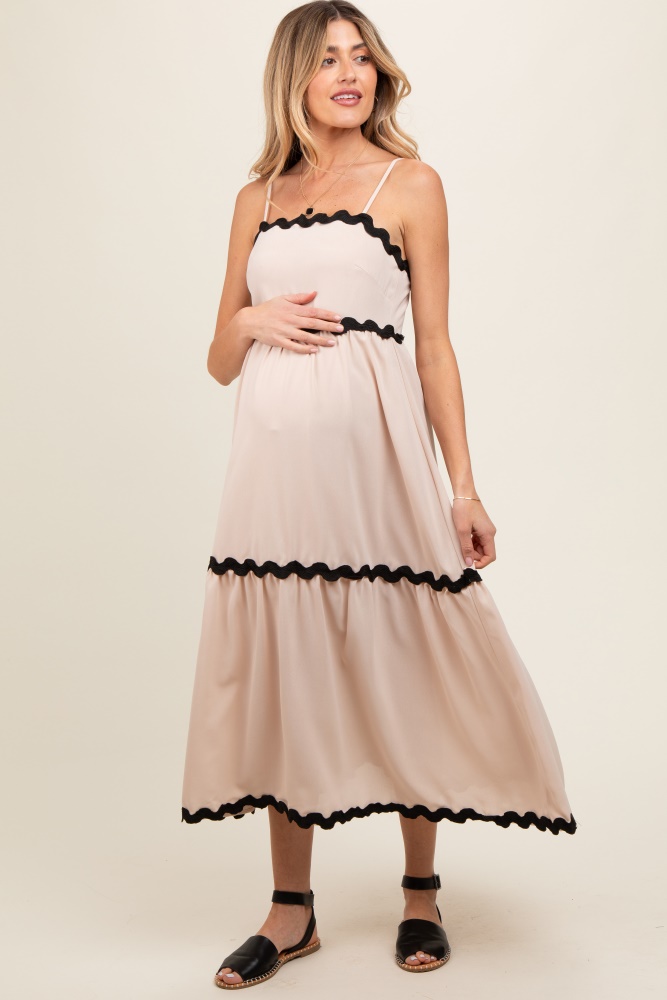 beige ric rac trim tiered maternity midi dress
