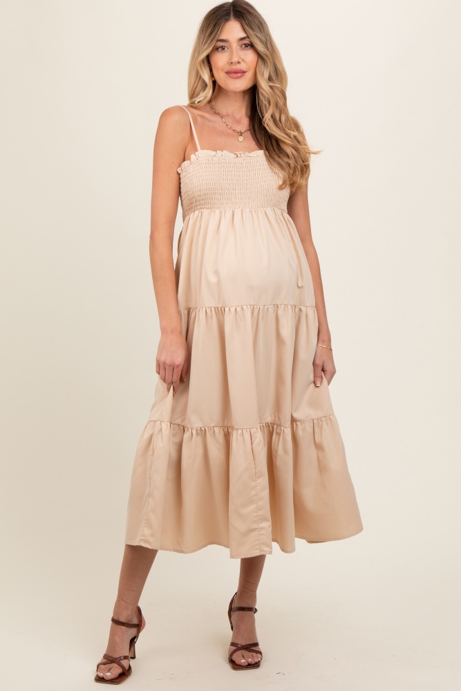 beige smocked cut-out back tiered maternity midi dress