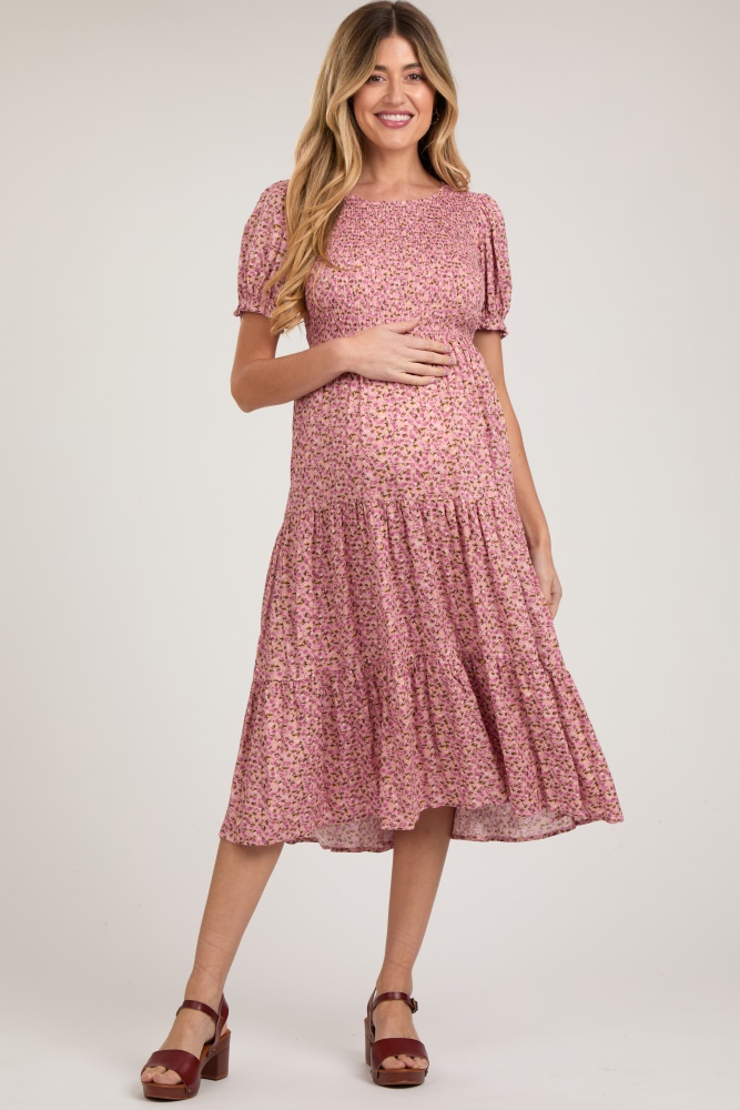 pink floral smocked maternity midi dress