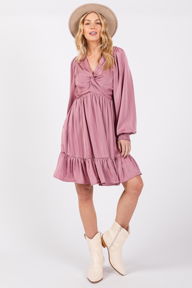 mauve striped satin twist front dress