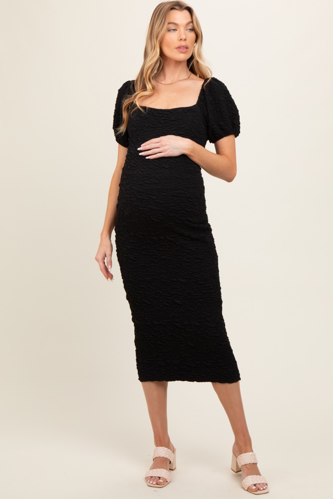 black textured square neck puff sleeve maternity midi dress