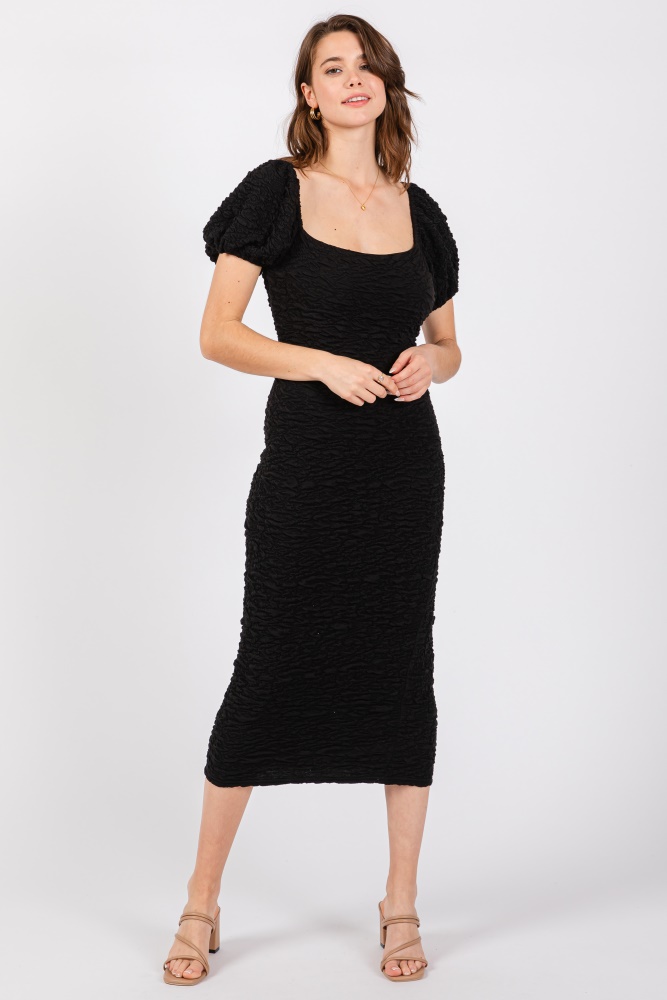 black textured square neck puff sleeve midi dress