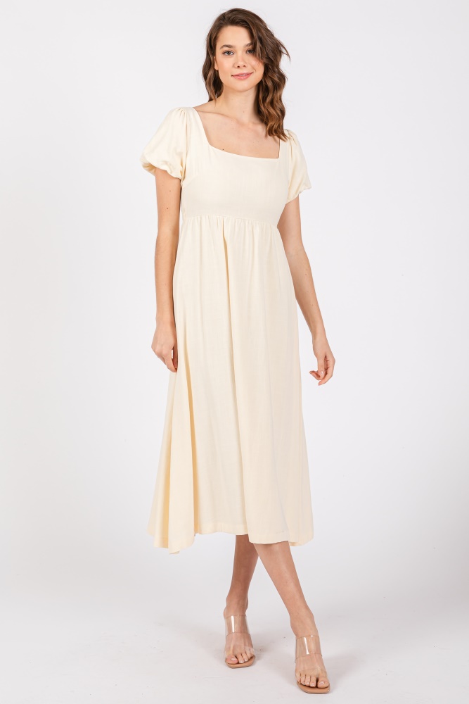 ivory puff sleeve linen midi dress