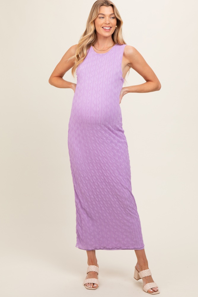 lavender mesh overlay maternity midi dress