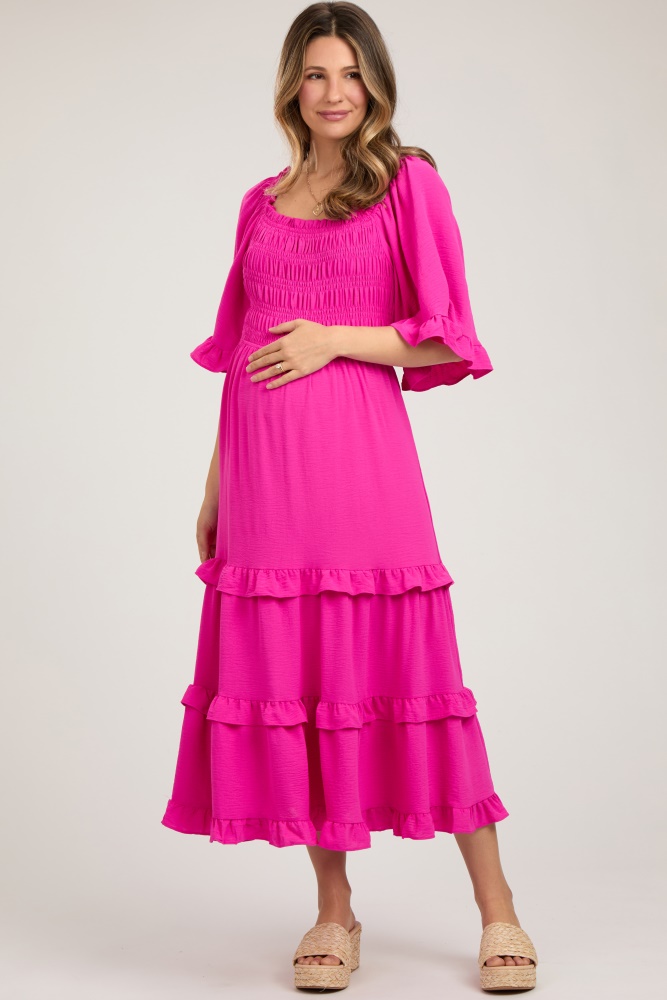 fuchsia smocked ruffle tiered maternity midi dress