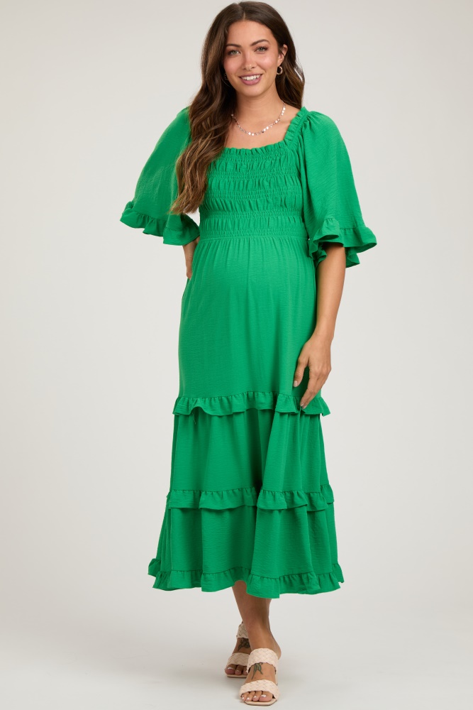 green smocked ruffle tiered maternity midi dress