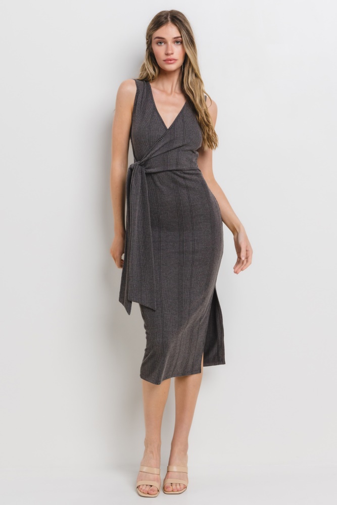 charcoal ribbed wrap midi dress