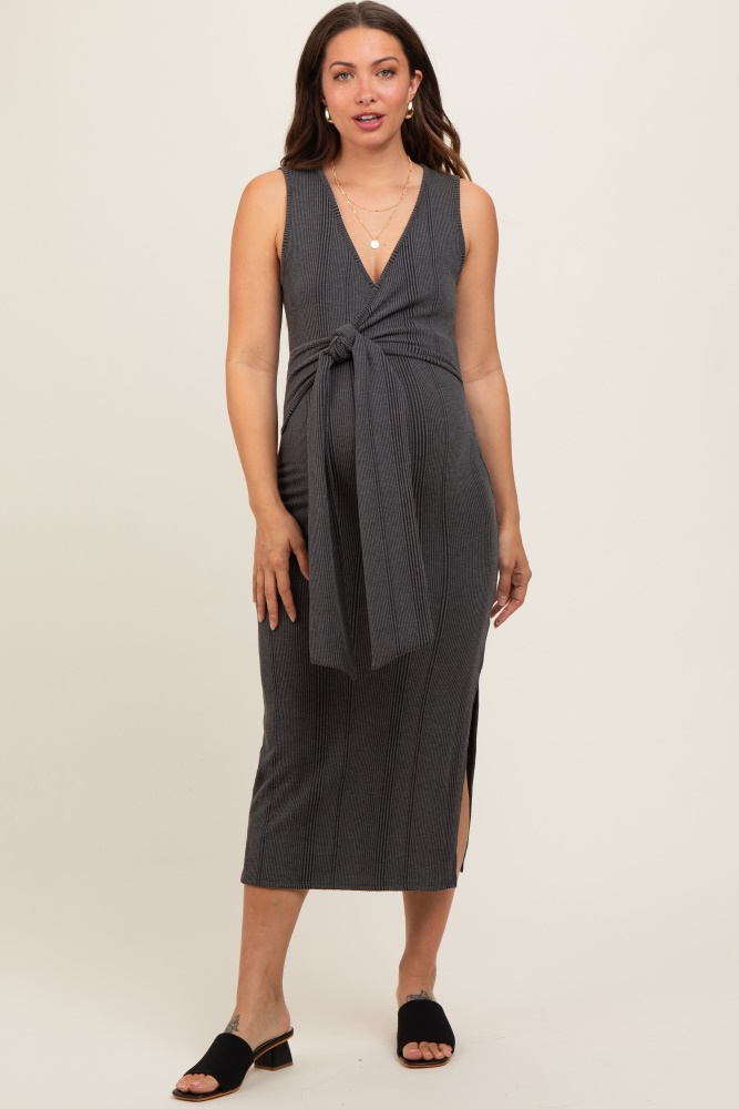 charcoal ribbed wrap maternity midi dress