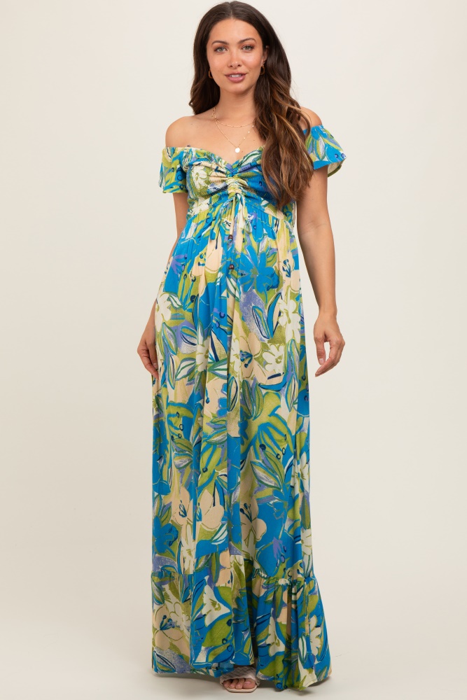 blue floral smocked off shoulder maternity maxi dress