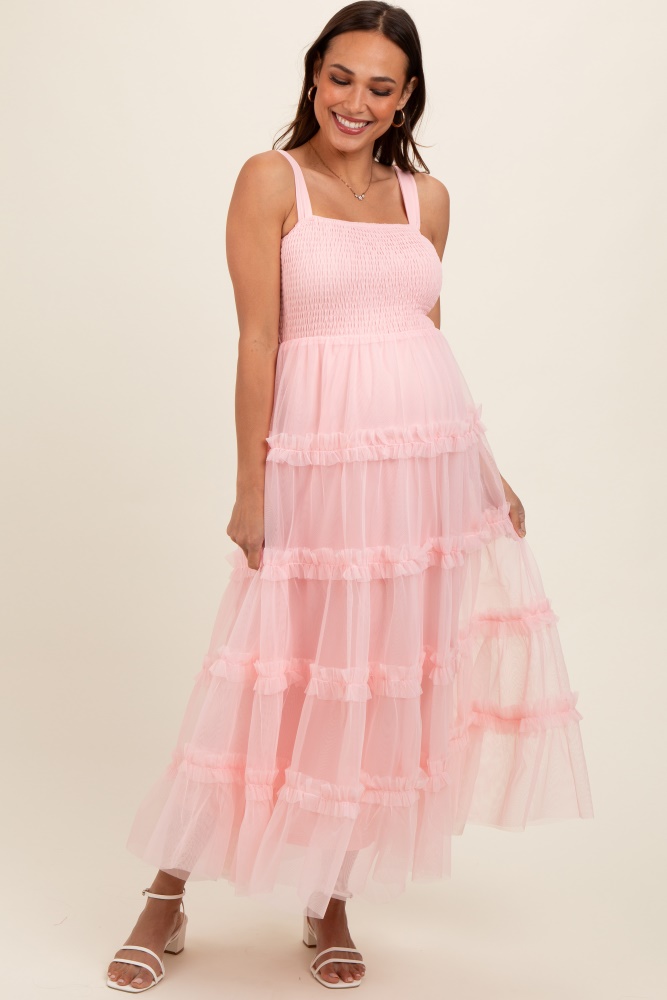 light pink smocked ruffle tiered tulle maternity midi dress