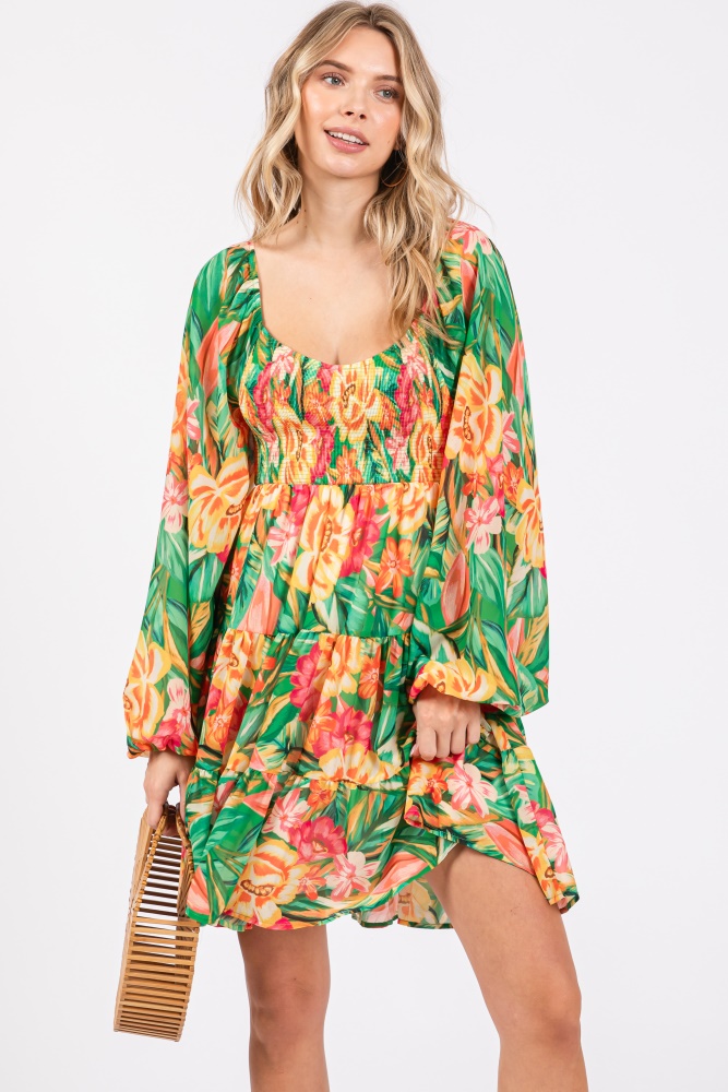 green tropical floral smocked v-neck midi dress