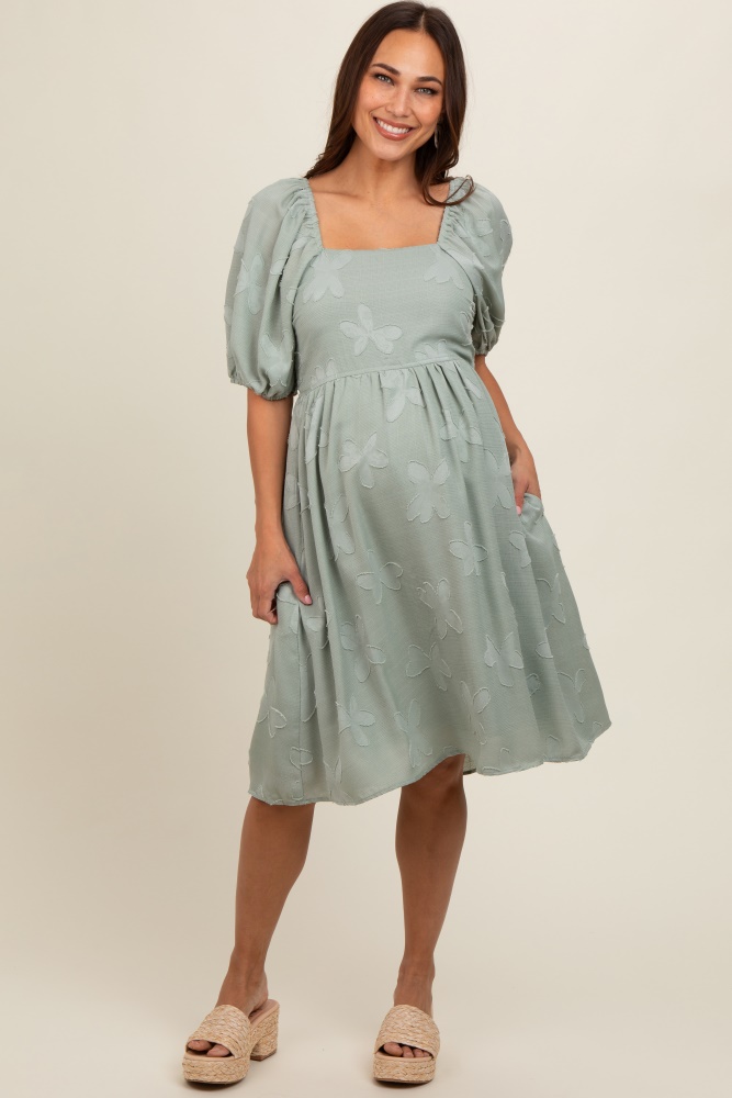 sage textured floral square neck puff sleeve maternity dress