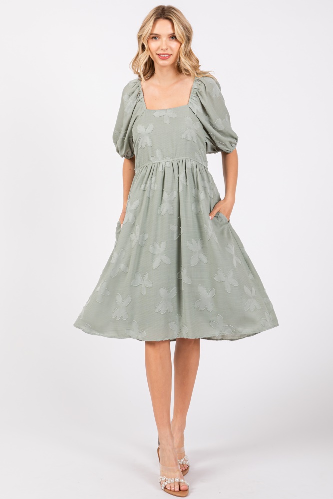 sage textured floral square neck puff sleeve dress