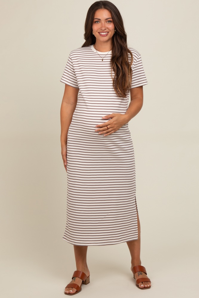 cream striped short sleeve maternity t-shirt midi dress