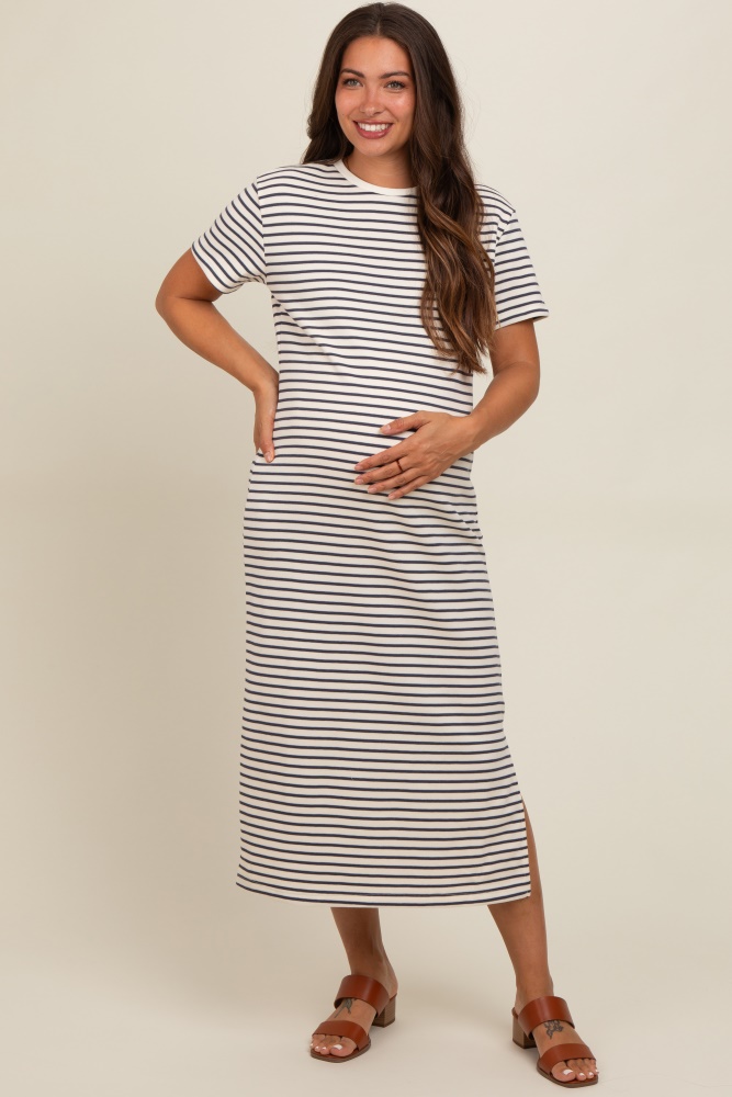 navy striped short sleeve maternity t-shirt midi dress