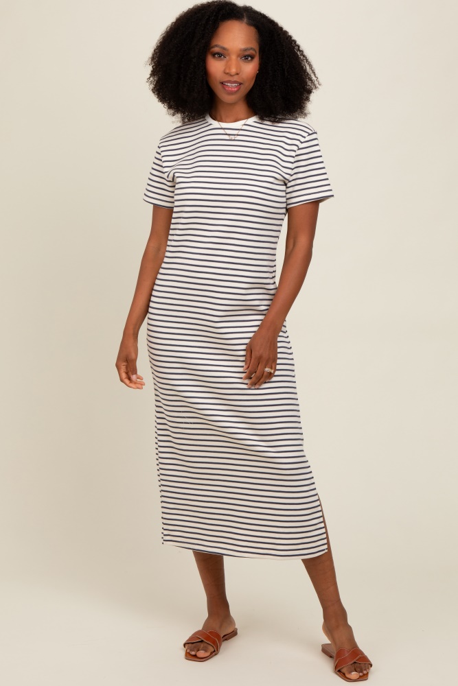 navy striped short sleeve t-shirt midi dress