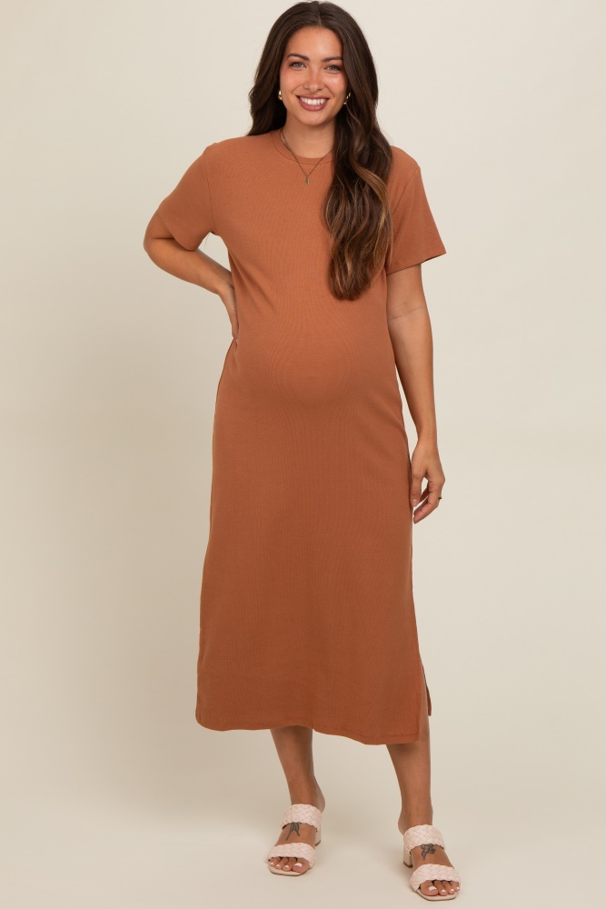 camel short sleeve side slit maternity t-shirt midi dress