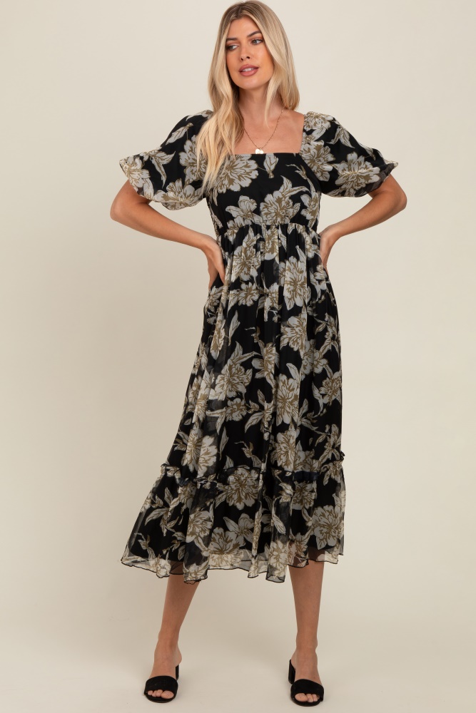 black floral chiffon ruffle hem midi dress