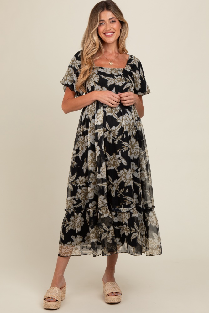 black floral chiffon ruffle hem maternity midi dress