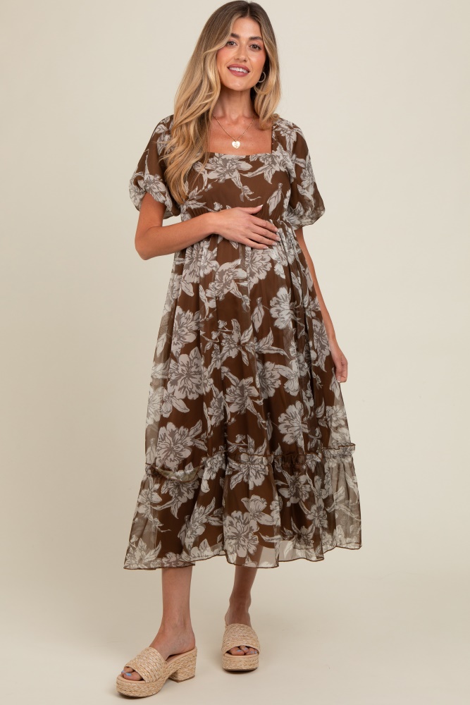 brown floral chiffon ruffle hem maternity midi dress