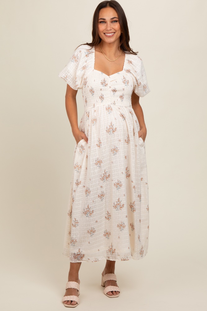 beige floral textured dot smocked sweetheart neck maternity midi dress