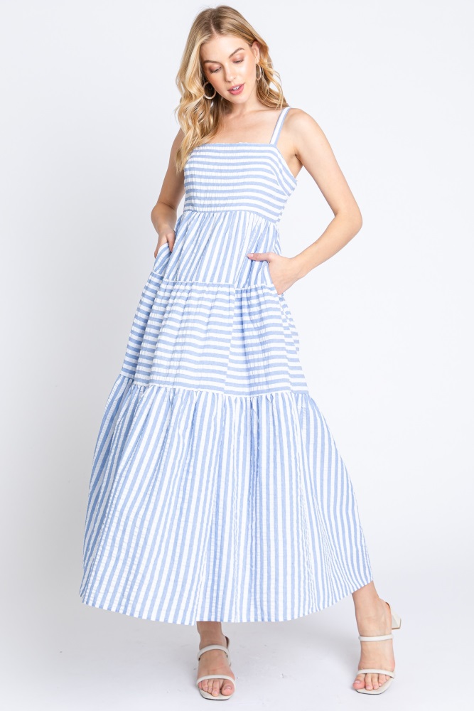 blue striped sleeveless tiered maxi dress