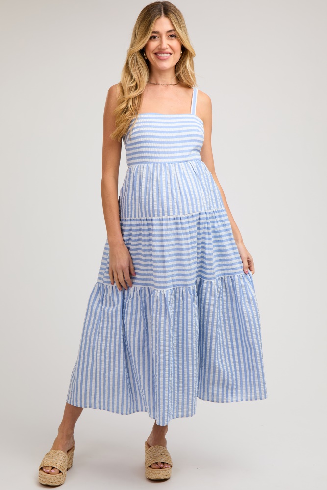 blue striped sleeveless tiered maternity maxi dress