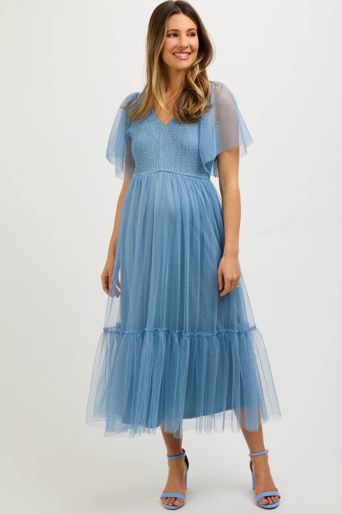 blue dotted tulle smocked maternity midi dress