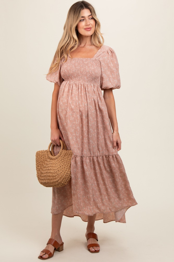 light pink floral smocked square neck short puff sleeve maternity midi dress