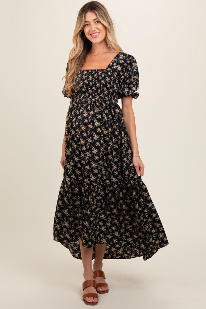 black floral smocked square neck short puff sleeve maternity midi dress