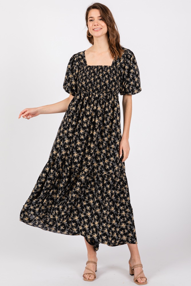 black floral smocked square neck short puff sleeve midi dress