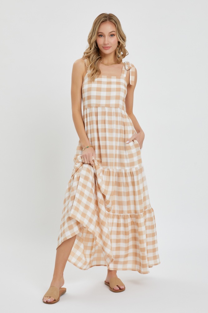 taupe gingham maxi dress