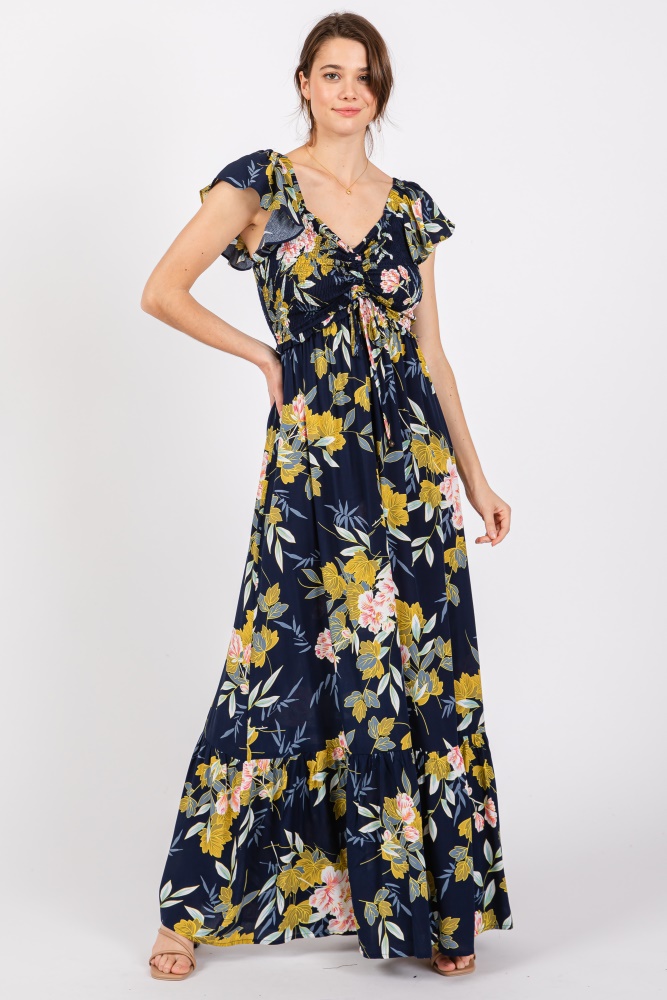 navy floral smocked cinched top maxi dress