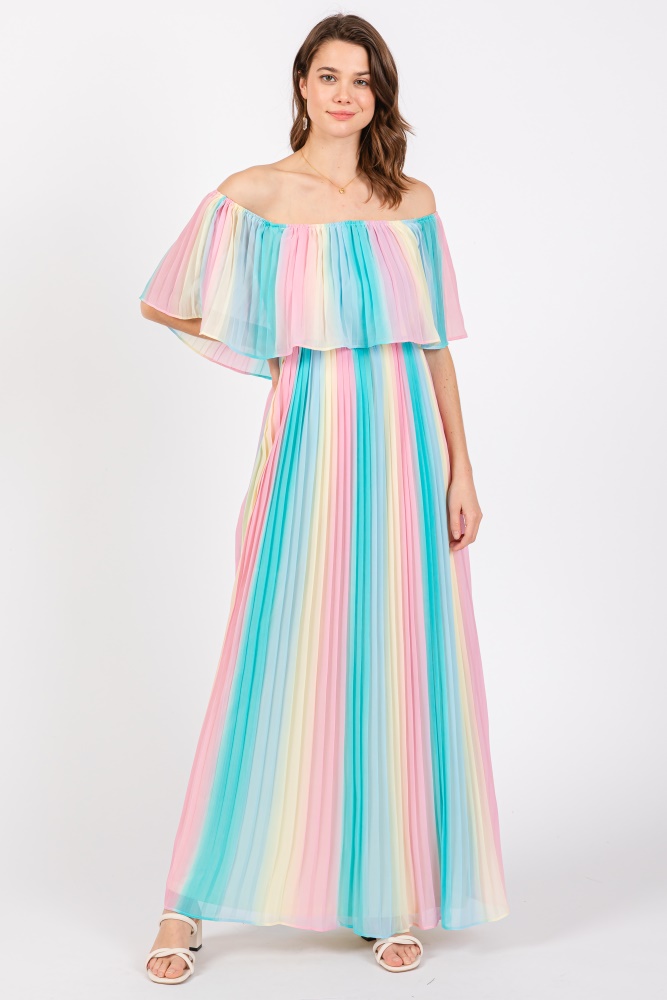 multicolor pleated off shoulder maxi dress