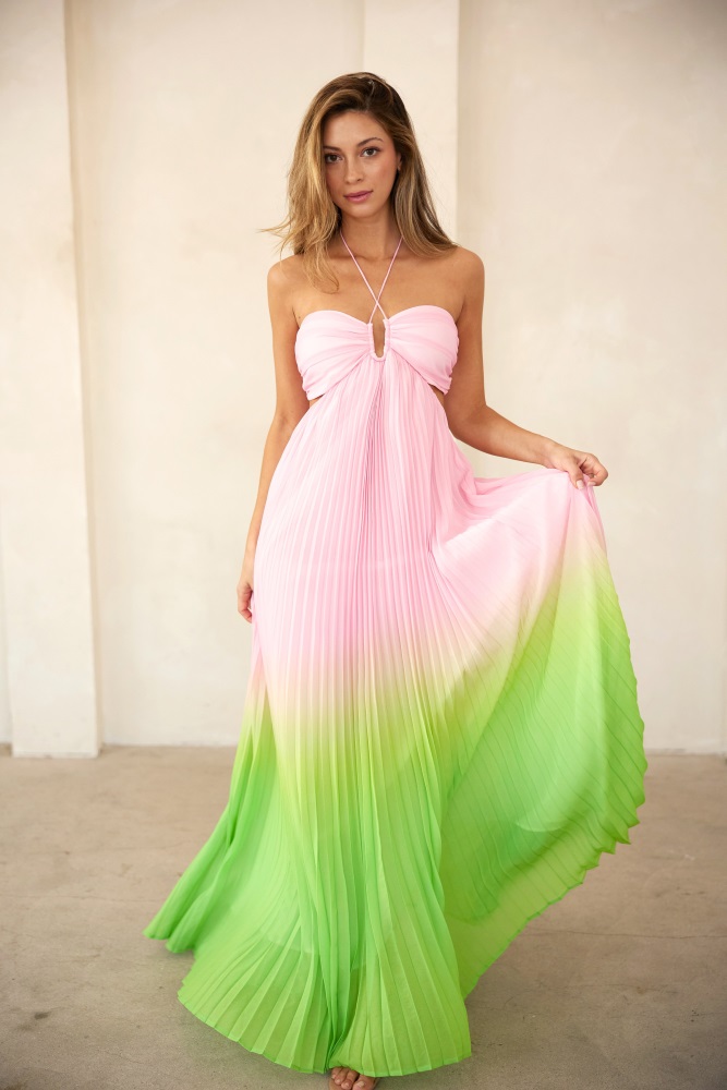 light pink ombre pleated halter cutout maxi dress