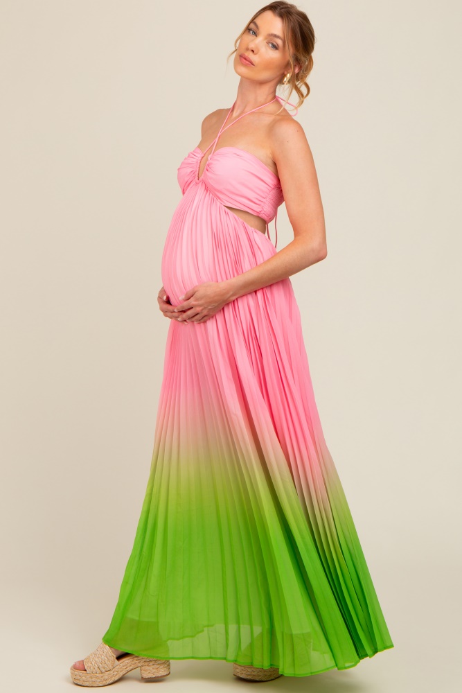 light pink ombre pleated halter cutout maternity maxi dress