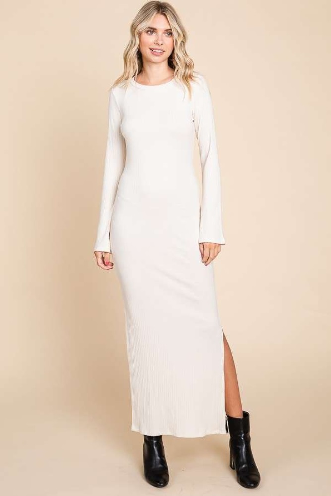 cream ribbed side slit maxi dress