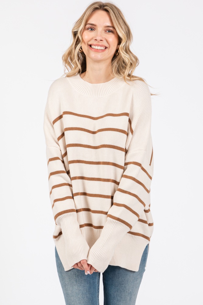 Beige Striped Drop Shoulder Sweater