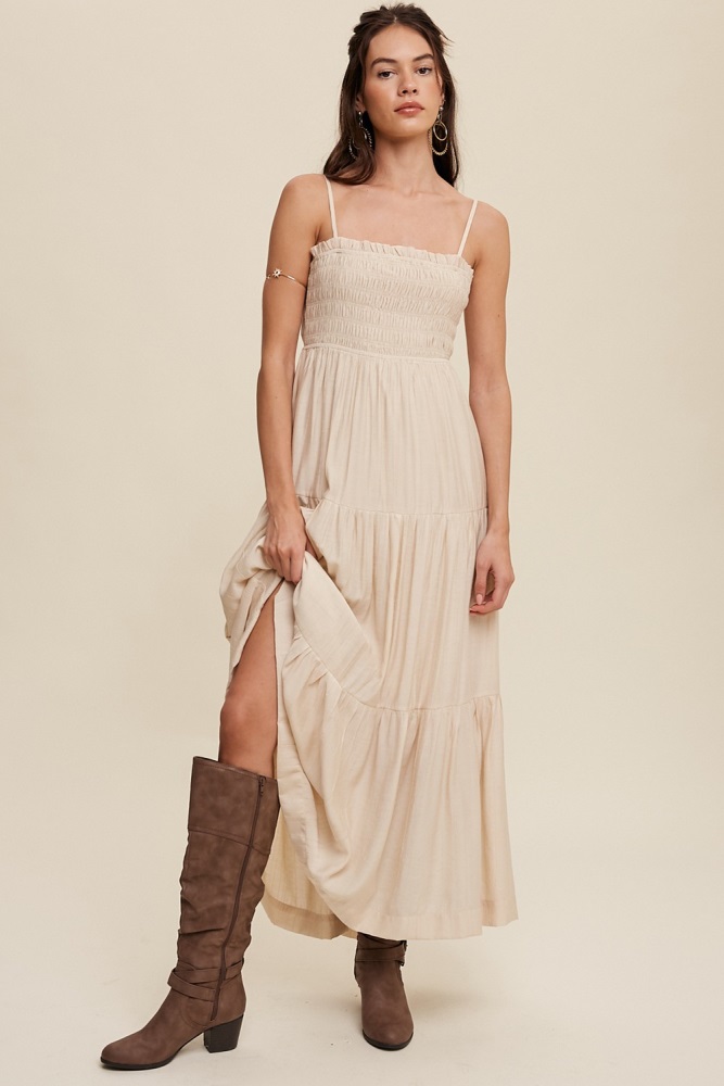 beige smocked square neck back cutout tiered midi dress